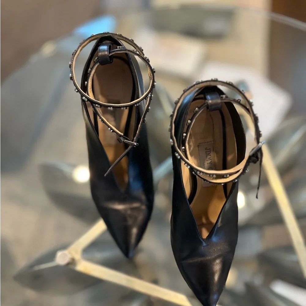Black Stiletto Heels with Silver Studs Ankle Strap